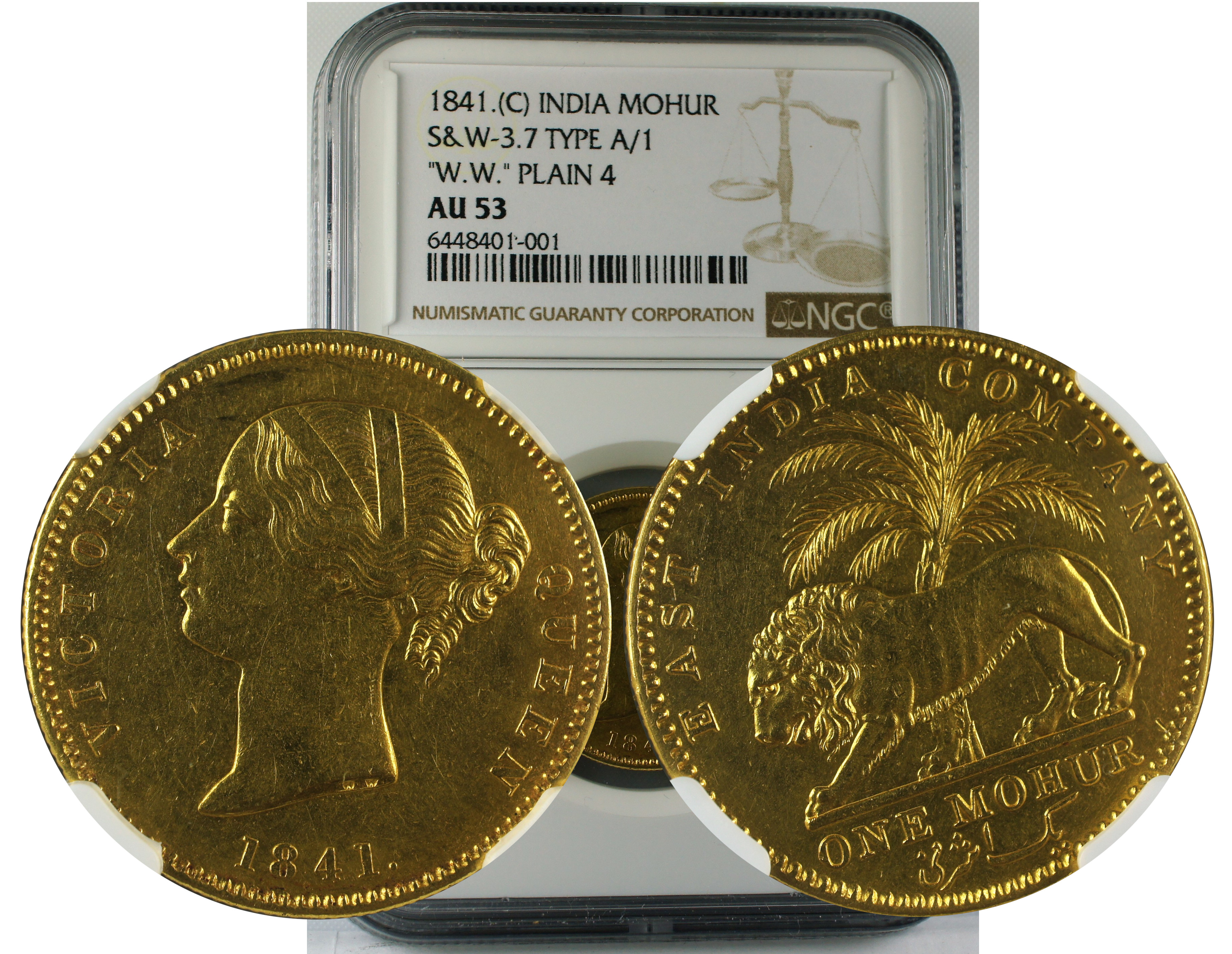 1841 C INDIA MOHUR S&W-3.7 TYPE A/1 W.W. PLAIN 4 AU53