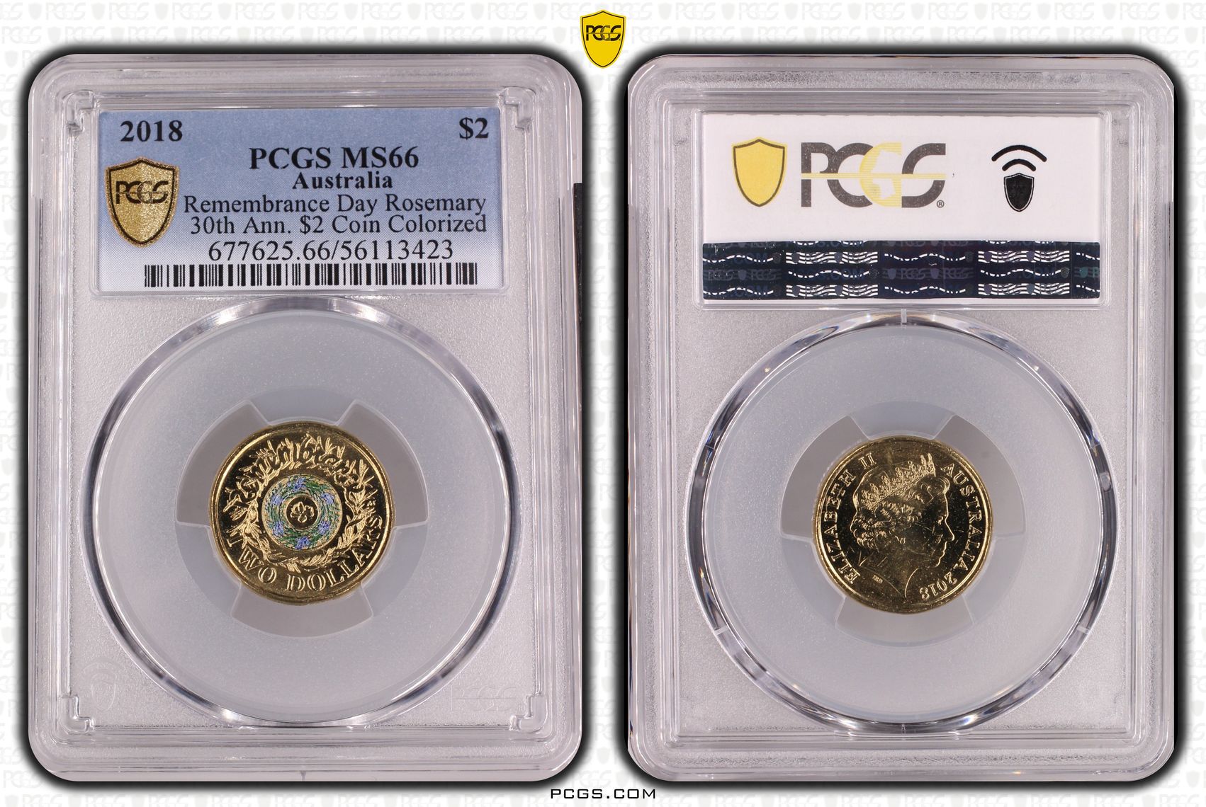 Remembrance Day Rosemary 30th Ann. $2 Coin Colourised, Two Dollar, 2018, MS66