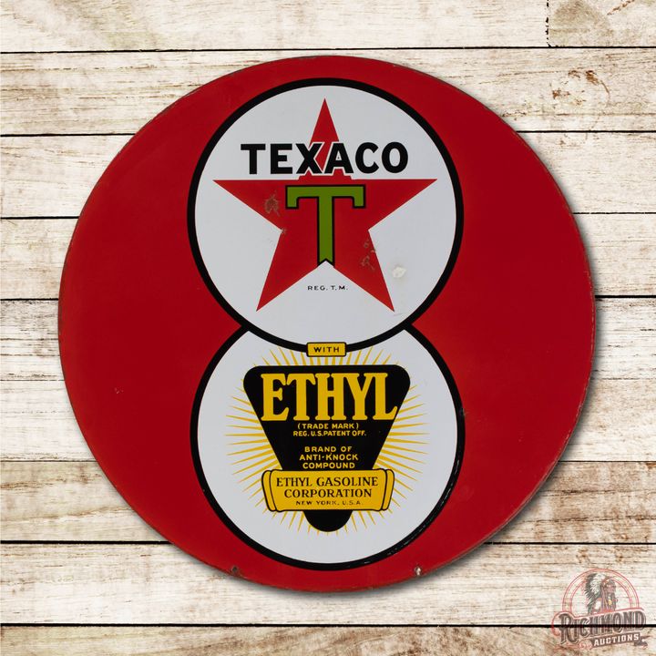 30" Texaco Black-T Ethyl Logo 8-Ball Double Sided Porcelain Sign TAC 8.75 & 8.5