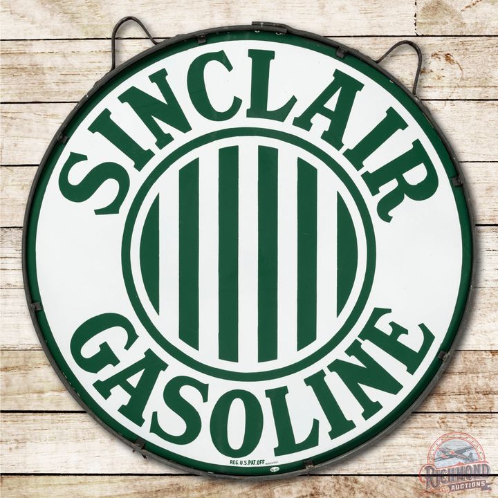 NOS (2) 36" Sinclair Gasoline & Stripe Logo Porcelain Signs & Original Frame TAC 9.75 & 8.9