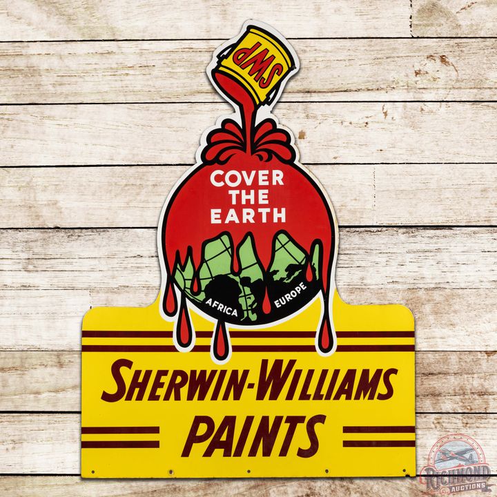 Incredible SWP "Cover The Earth" Sherwin Williams Paints Die Cut Double Sided Porcelain Sign