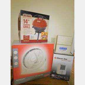 Encoding erasers; Honeywell 14" floor fan; Comfort zone 1500 Watt electric heater; Bubba Burger 14" Charcoal grill