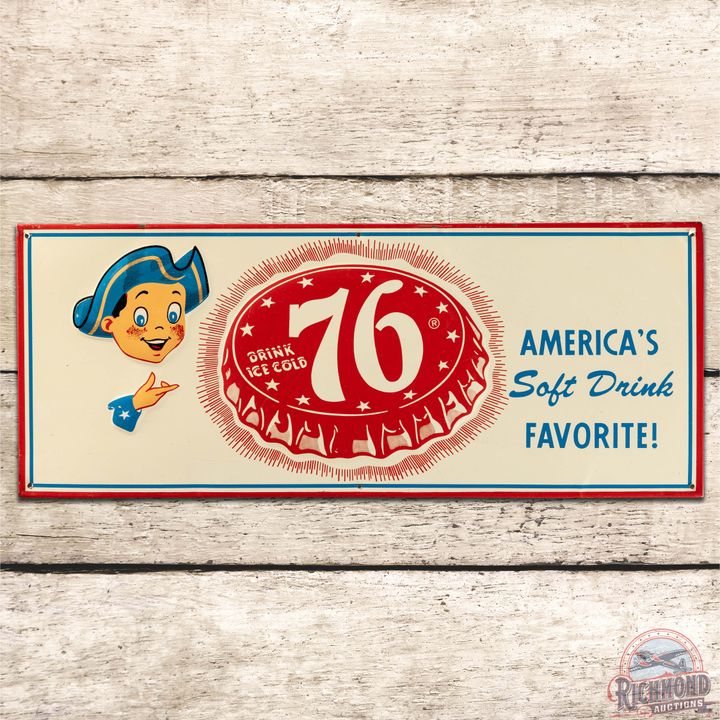 Drink Ice Cold 76 America's Favorite Soft Drink Embossed SS Tin Sign w/ Boy & Bottlecap