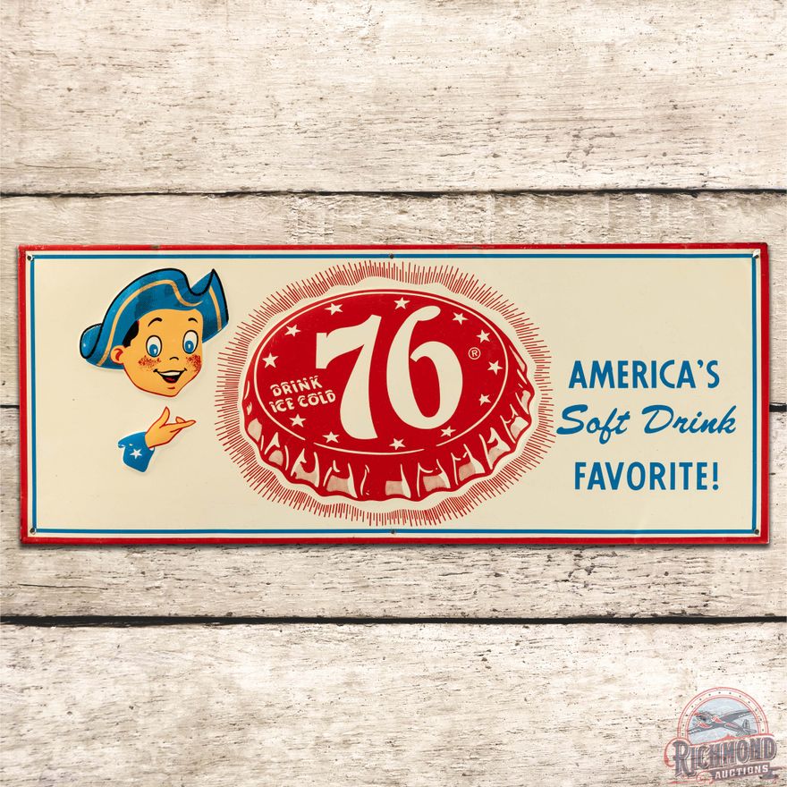 Drink Ice Cold 76 America's Favorite Soft Drink Embossed SS Tin Sign w/ Boy & Bottlecap
