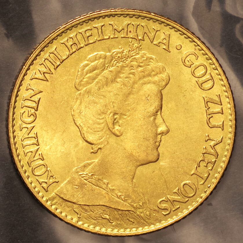 オランダ-Netherlands. ウィルヘルミナ女王像 10ギルダー金貨 1917年 
