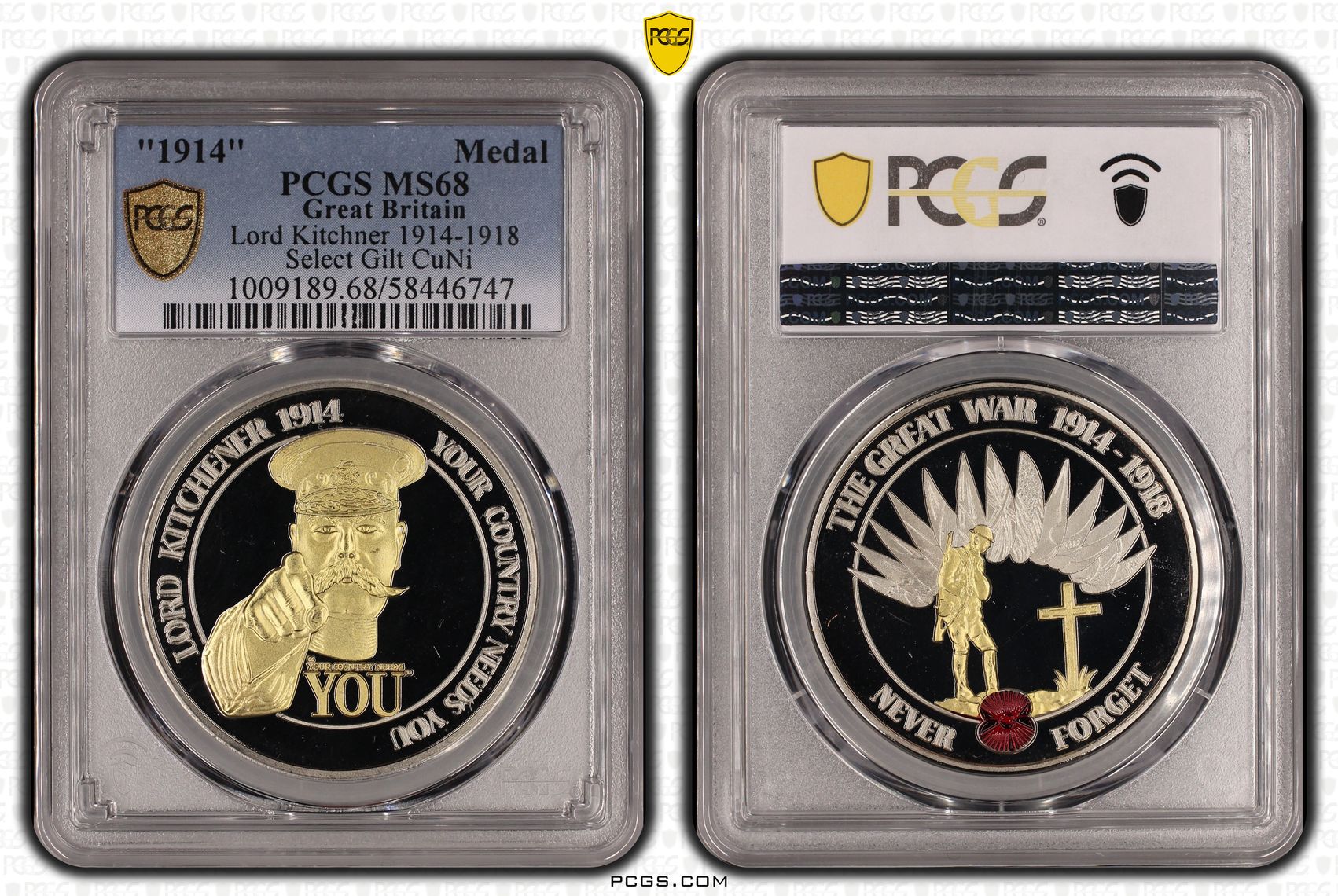 Great Britain, Lord Kitchner 1914-1918 Select Gilt CuNi, 1/0, Medal, 1914, PCGS MS68