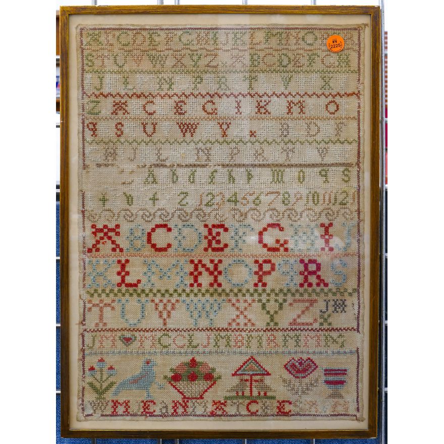 Antique Pictorial Needlework Sampler Framed 19''x13.5''