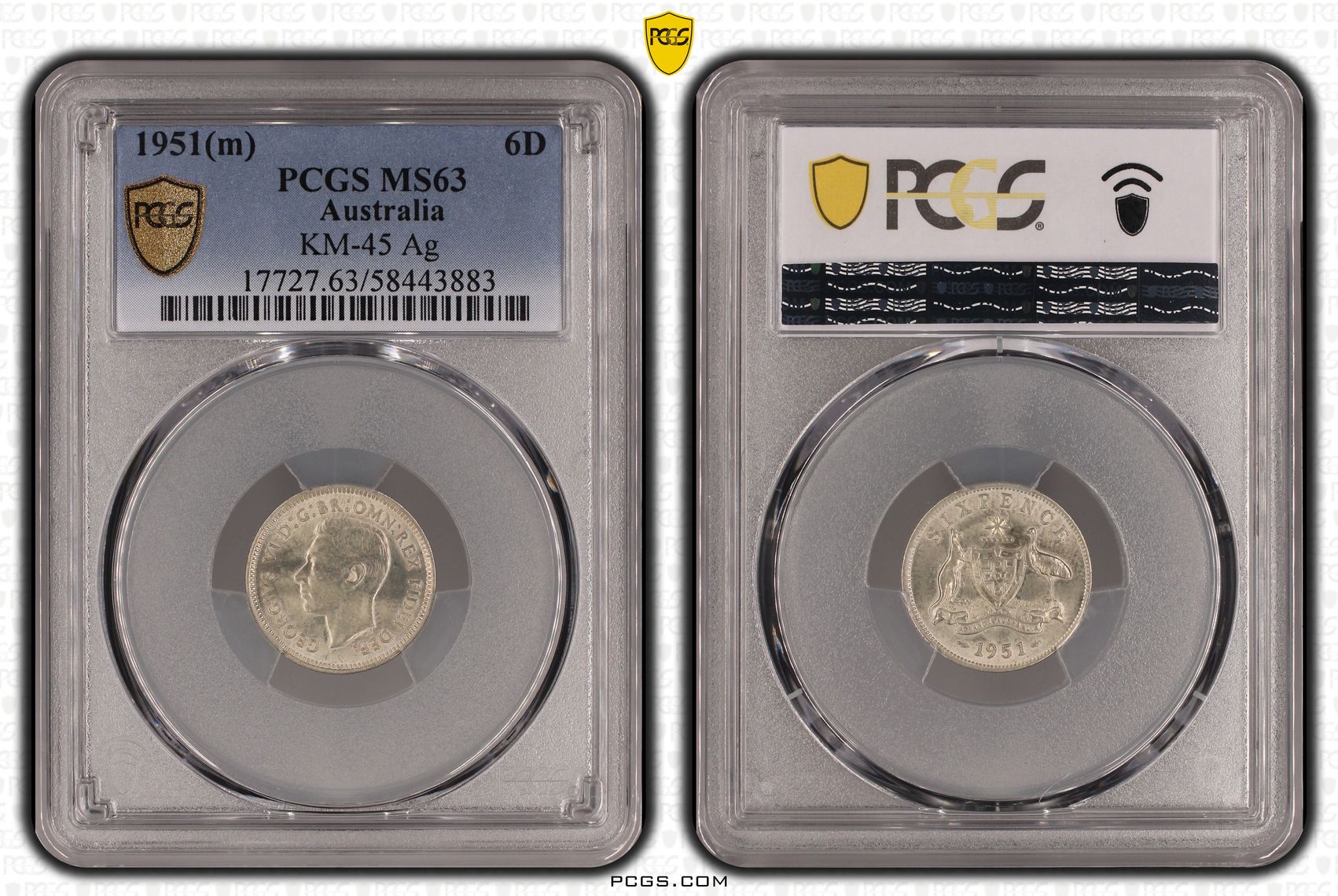 KM-45 Silver, Sixpence, 1951(m), PCGS MS63