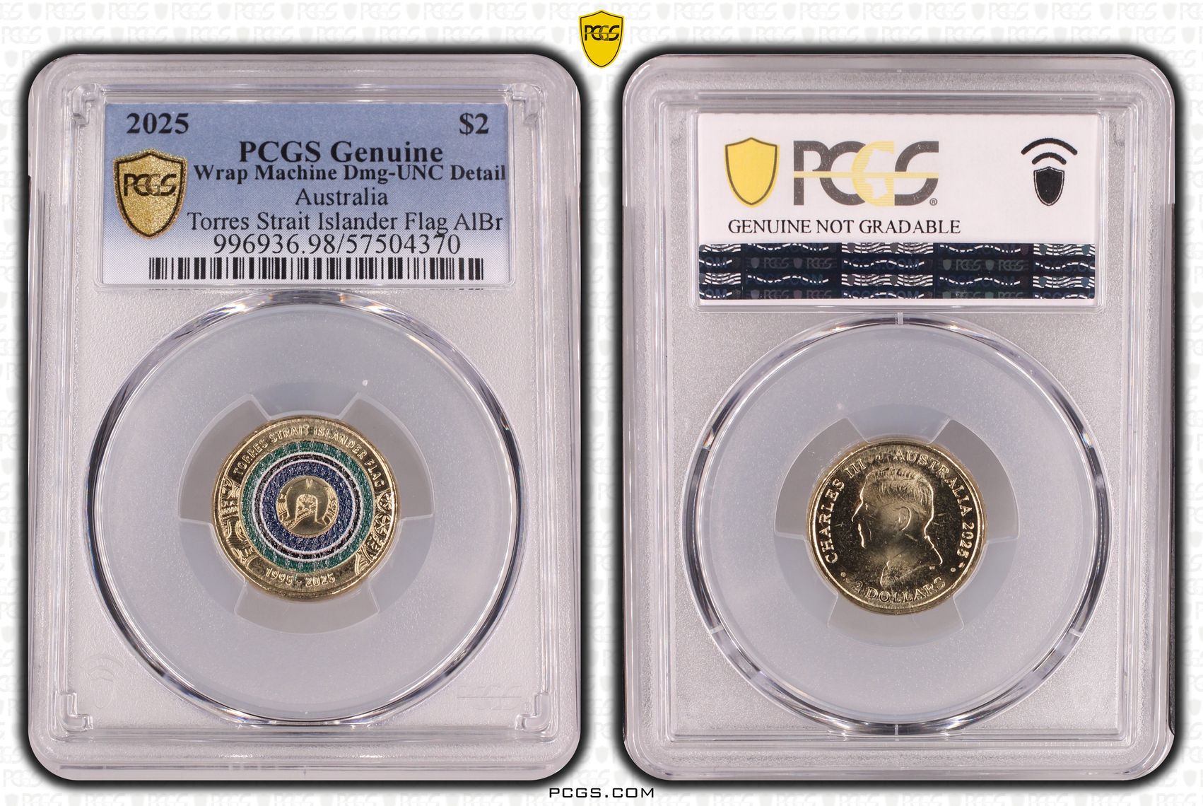 Torres Strait Islander Flag AlBr Colourised, Two Dollar, 2025, PCGS Genuine - UNC Details (98 - Damage)