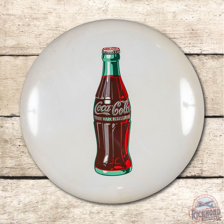 36" White Coca Cola w/ Bottle Tin Button Sign