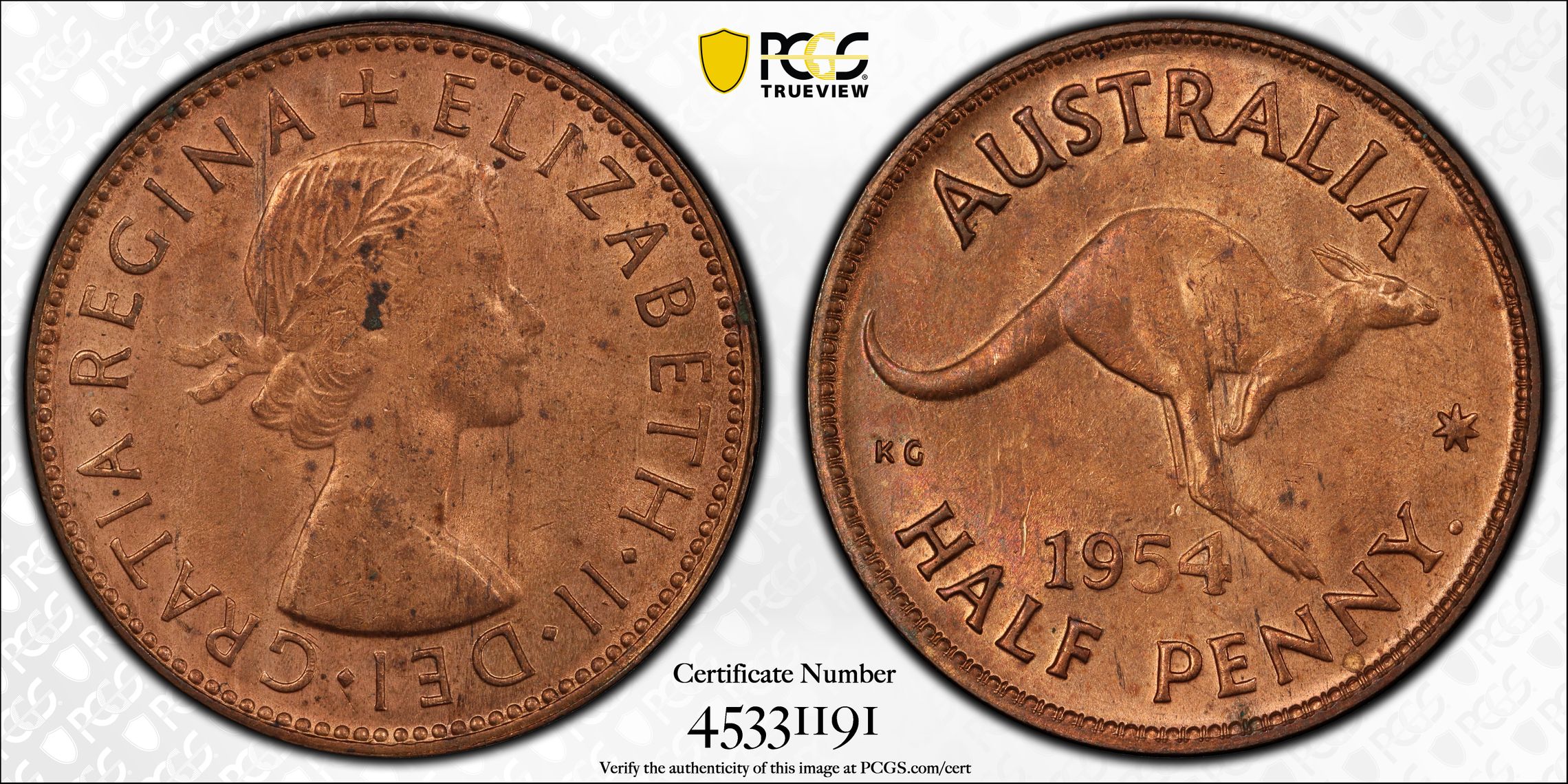 Elizabeth II, Halfpenny, 1954-Y., PCGS MS 64RB
