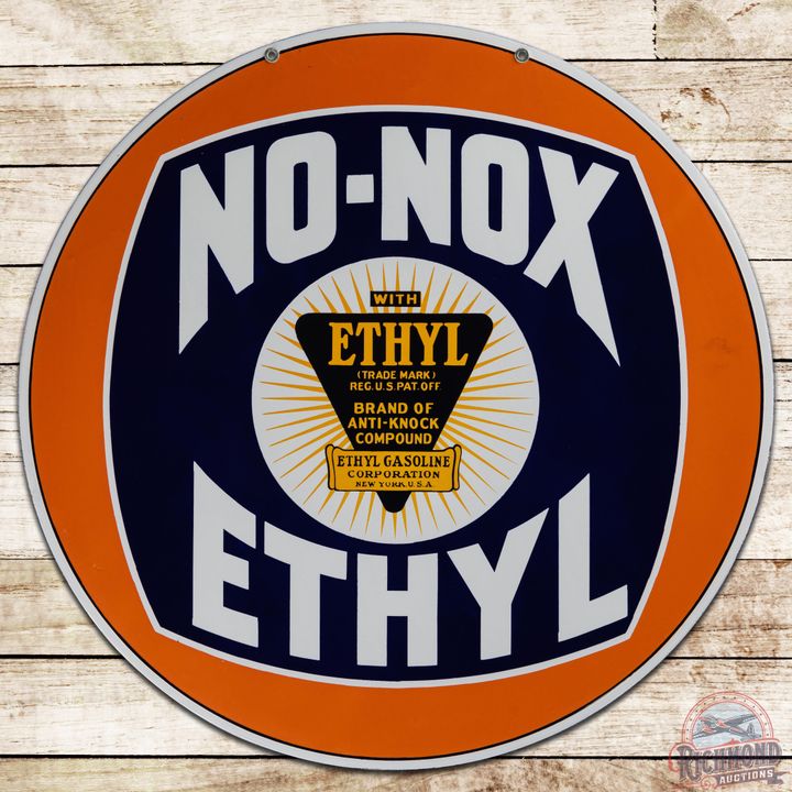 Amazing NOS Gulf No-Nox Ethyl Gasoline 30" Double Sided Porcelain Logo Sign w/ Curb Stand