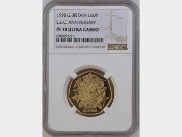 1998 ELIZABETH II 'E.E.C' PROOF GOLD 50 PENCE COIN PF70 ULTRA CAMEO