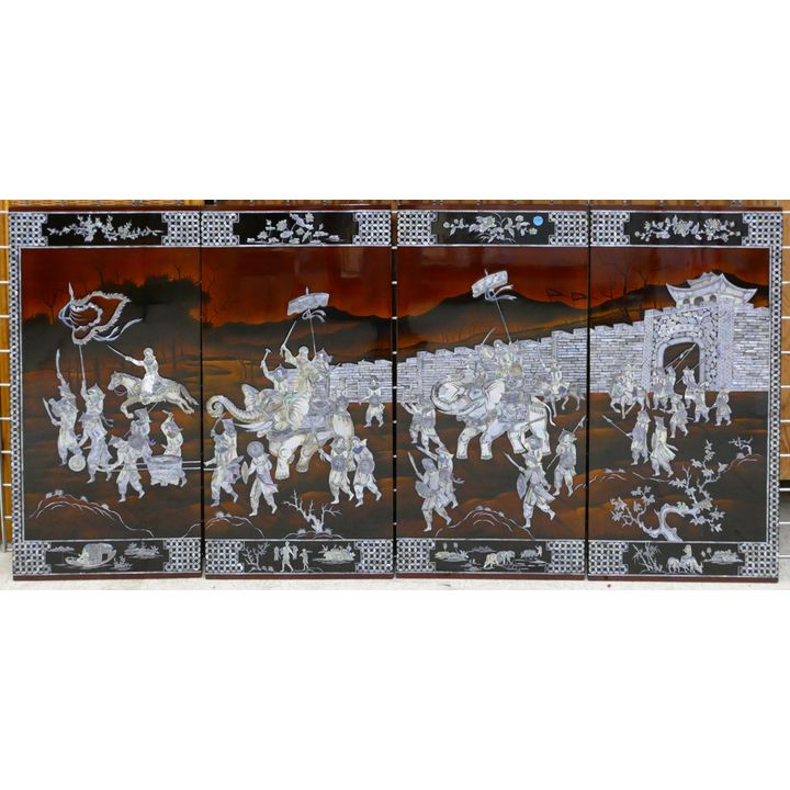 4pc Vietnamese Mother of Pearl Lacquered Scenic Panels 31''x62''