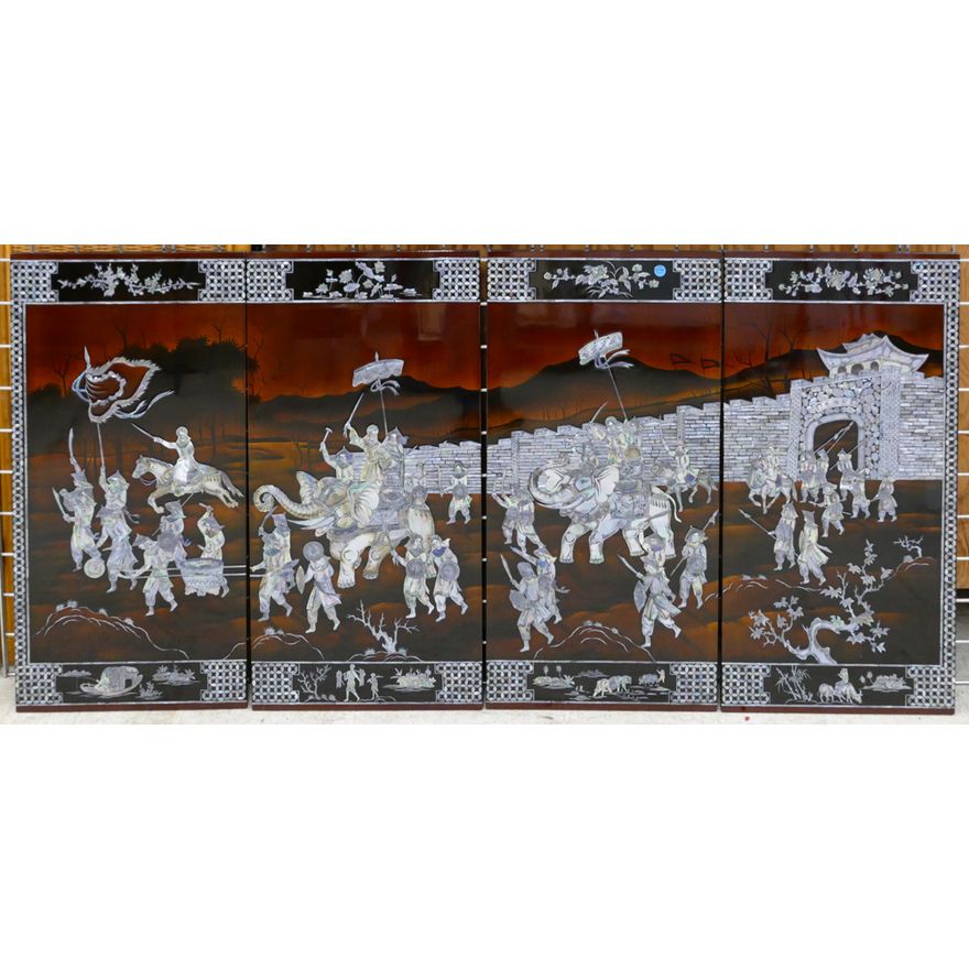 4pc Vietnamese Mother of Pearl Lacquered Scenic Panels 31''x62''