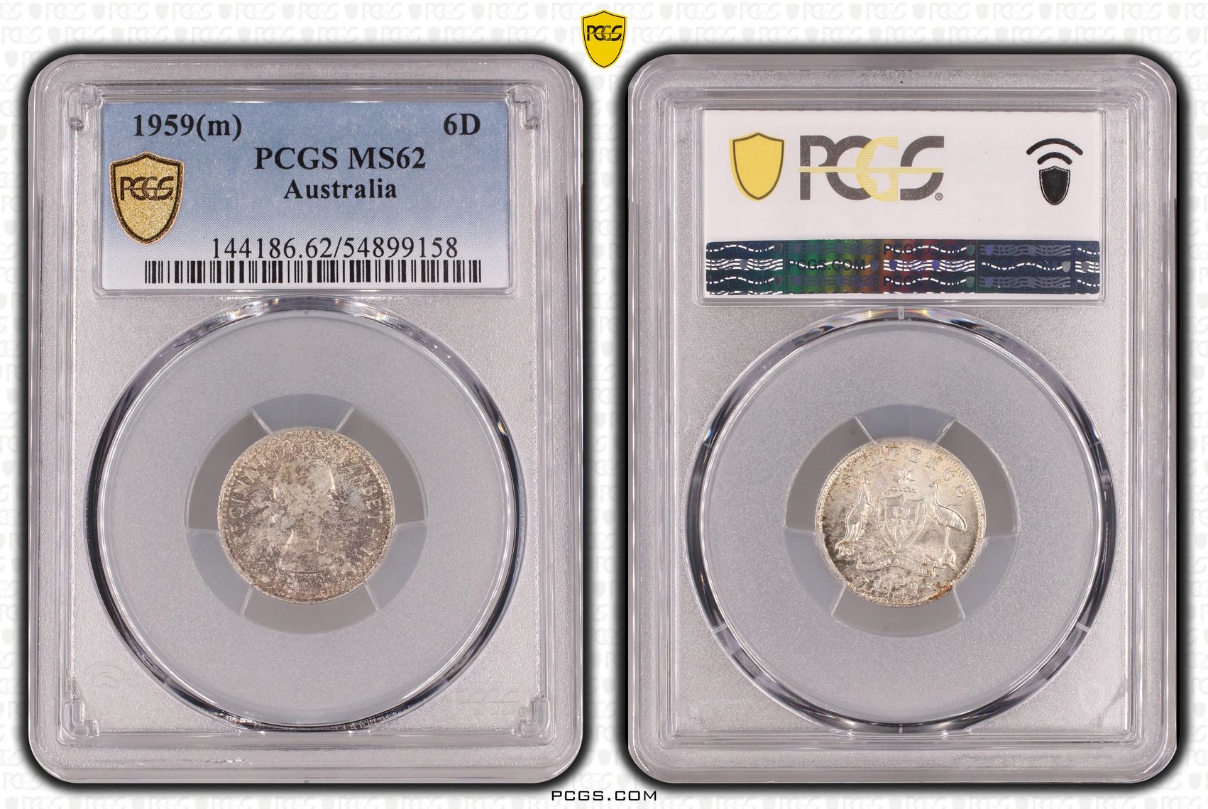 137 · Sixpence, 1959(m), PCGS MS62