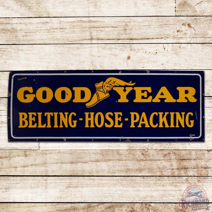 Goodyear Tires Belting Hose Packing Single Sided Porcelain Sign w/ Wingfoot Logo