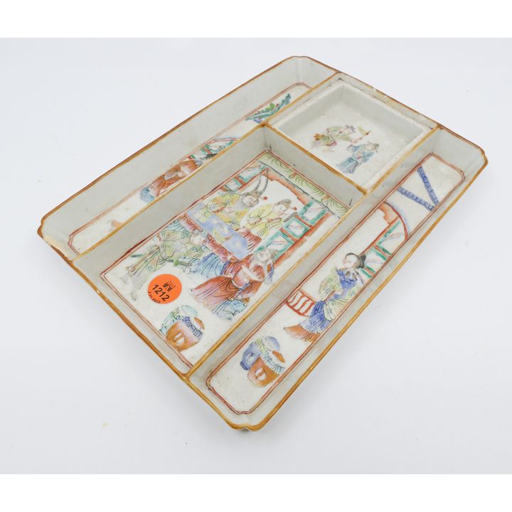 Antique Chinese Enameled Porcelain Brush Tray- 9x7'' w/ some old repairs