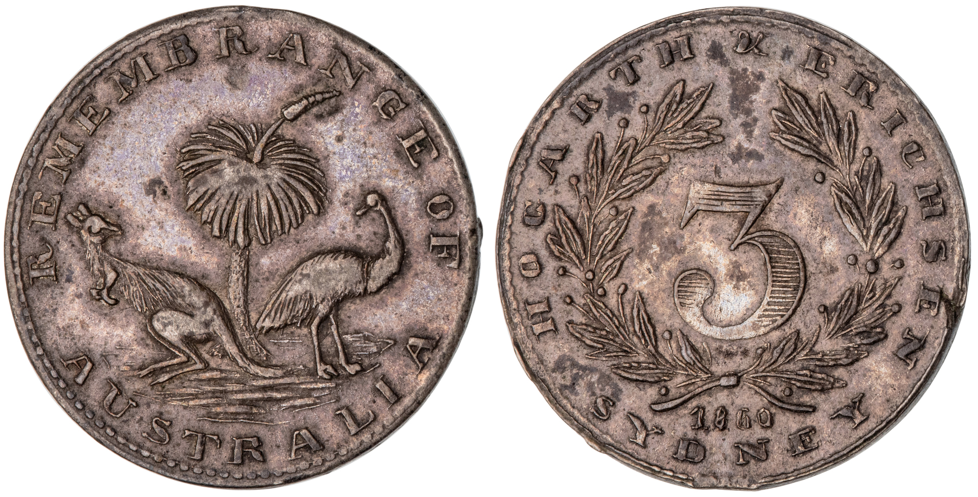 Sydney, New South Wales, Hogarth, Erichsen & Co., Threepence, 1860, EF