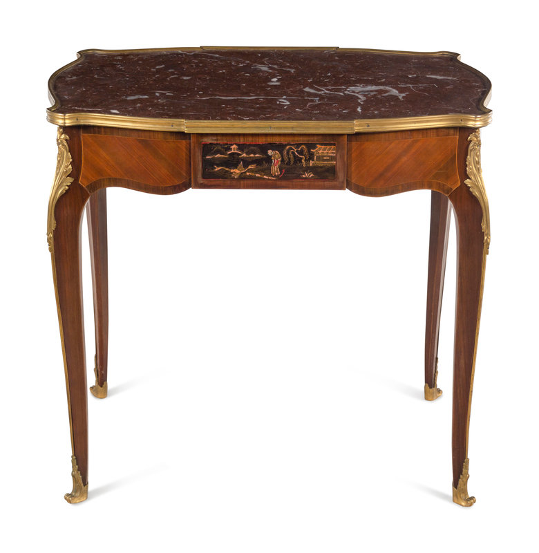 A Louis XV Style Gilt Bronze Mounted Kingwood Marble-Top Table