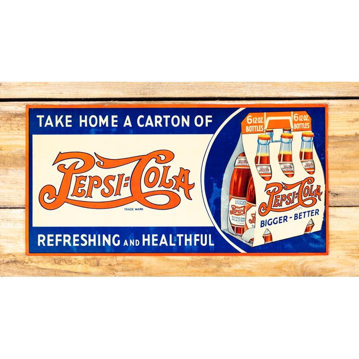 Pepsi-Cola "Take Home a Carton of" w/ Six Pack Single Sided Metal SST Sign TAC 9