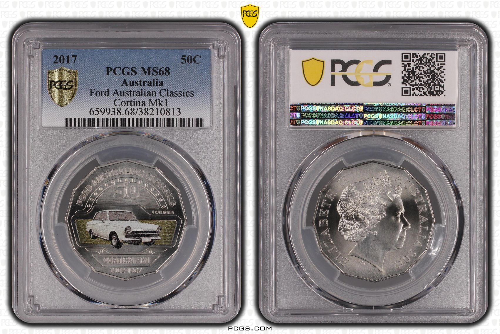 189 · Elizabeth II, Ford Australian Classics - Cortina Mk1 , Fifty Cent, 2017, PCGS MS68