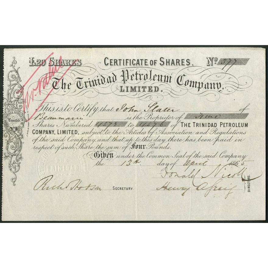 Trinidad: Trinidad Petroleum Company Limited, £20 shares, 186[5], #377 ...