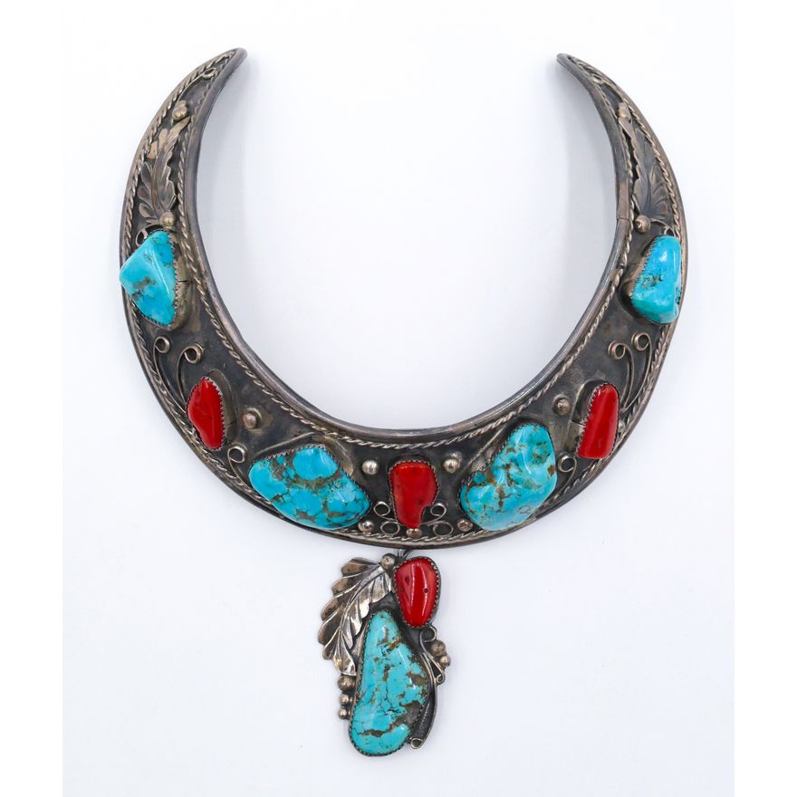 Impressive Navajo Turquoise & Coral Silver Collar Necklace