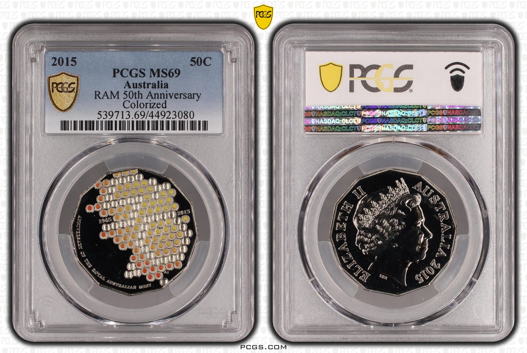 128 · 2015 Australian Fifty Cent, 50c RAM 50th Anniversary Colorized PCGS - MS69 -080
