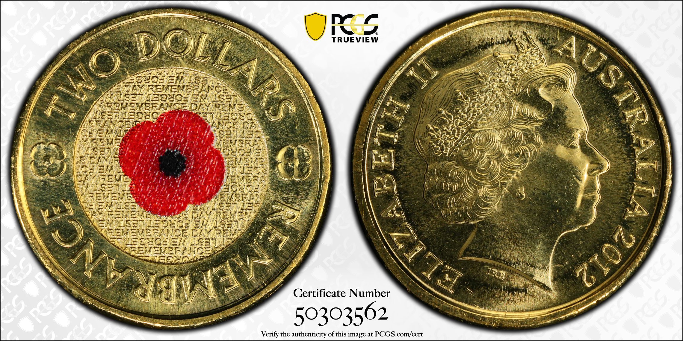 388 · Elizabeth II, Remembrance Day - Red Poppy, Two Dollar, 2012, PCGS MS67