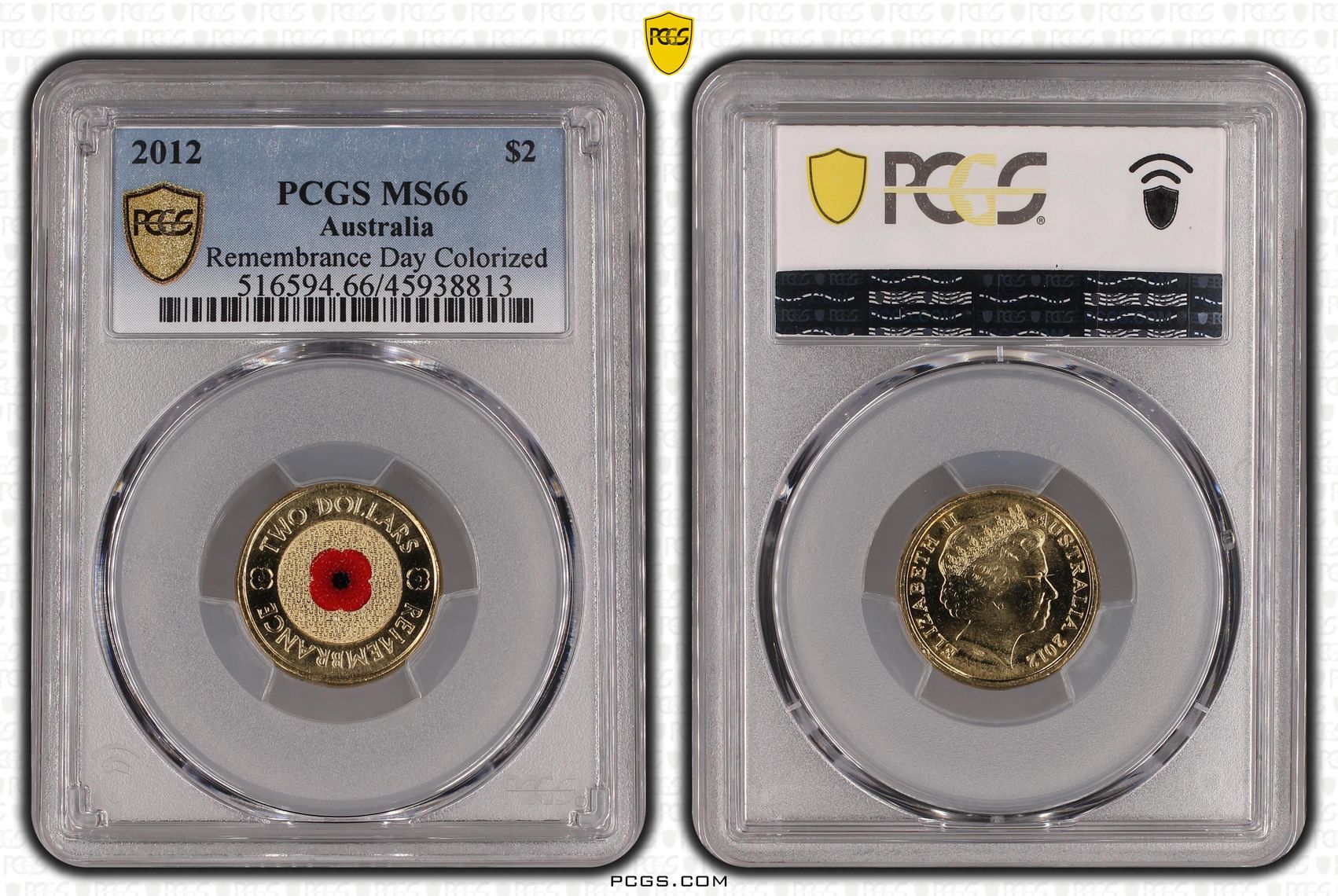 2012 Australia Two Dollar, $2 Remembrance Day Colored PCGS - MS66 -813