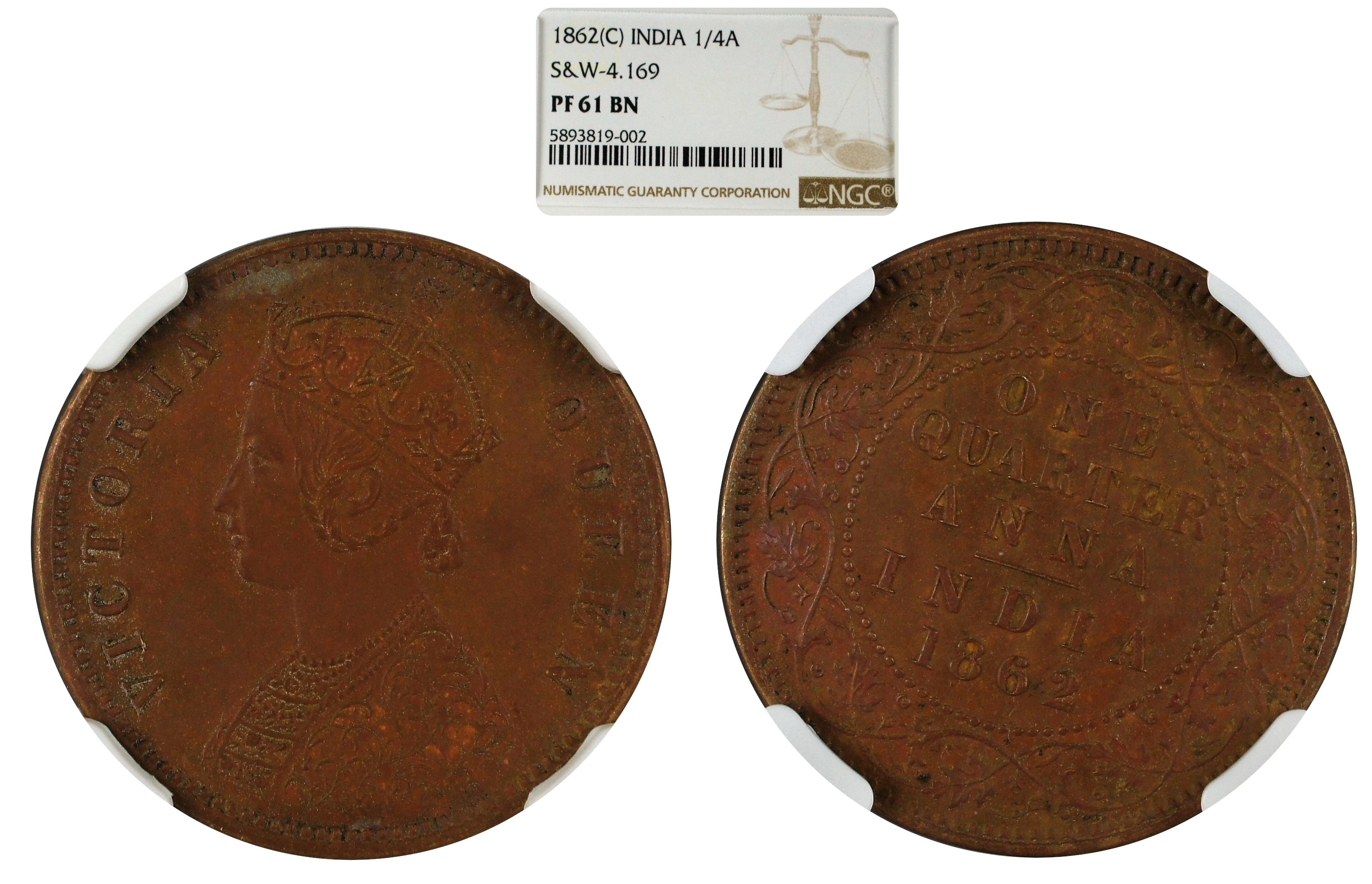 India 1862 C 1/4 Anna Original Proof - NGC PF61 Brown - Rare