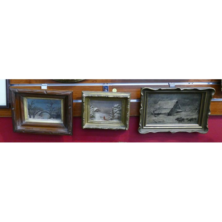 3pc Antique Naive Small Winter Scene Oil Paintings- largest 9x13''