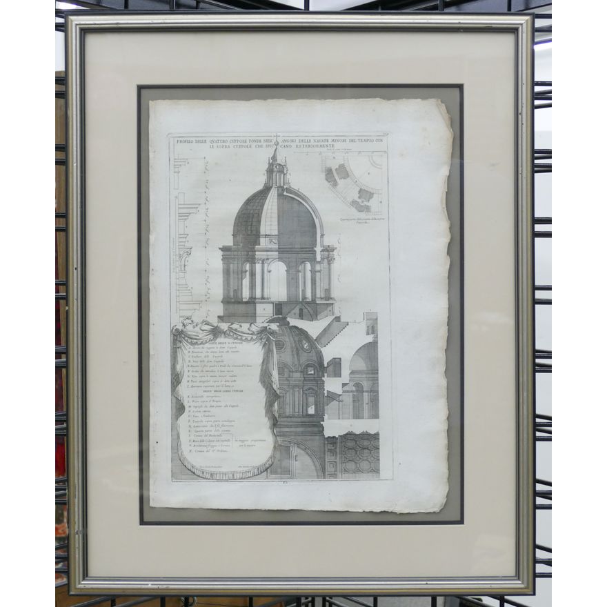 Antique Italian Architectural Dome Engraving Framed