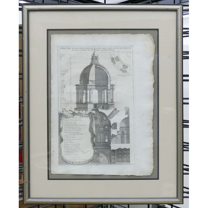 Antique Italian Architectural Dome Engraving Framed