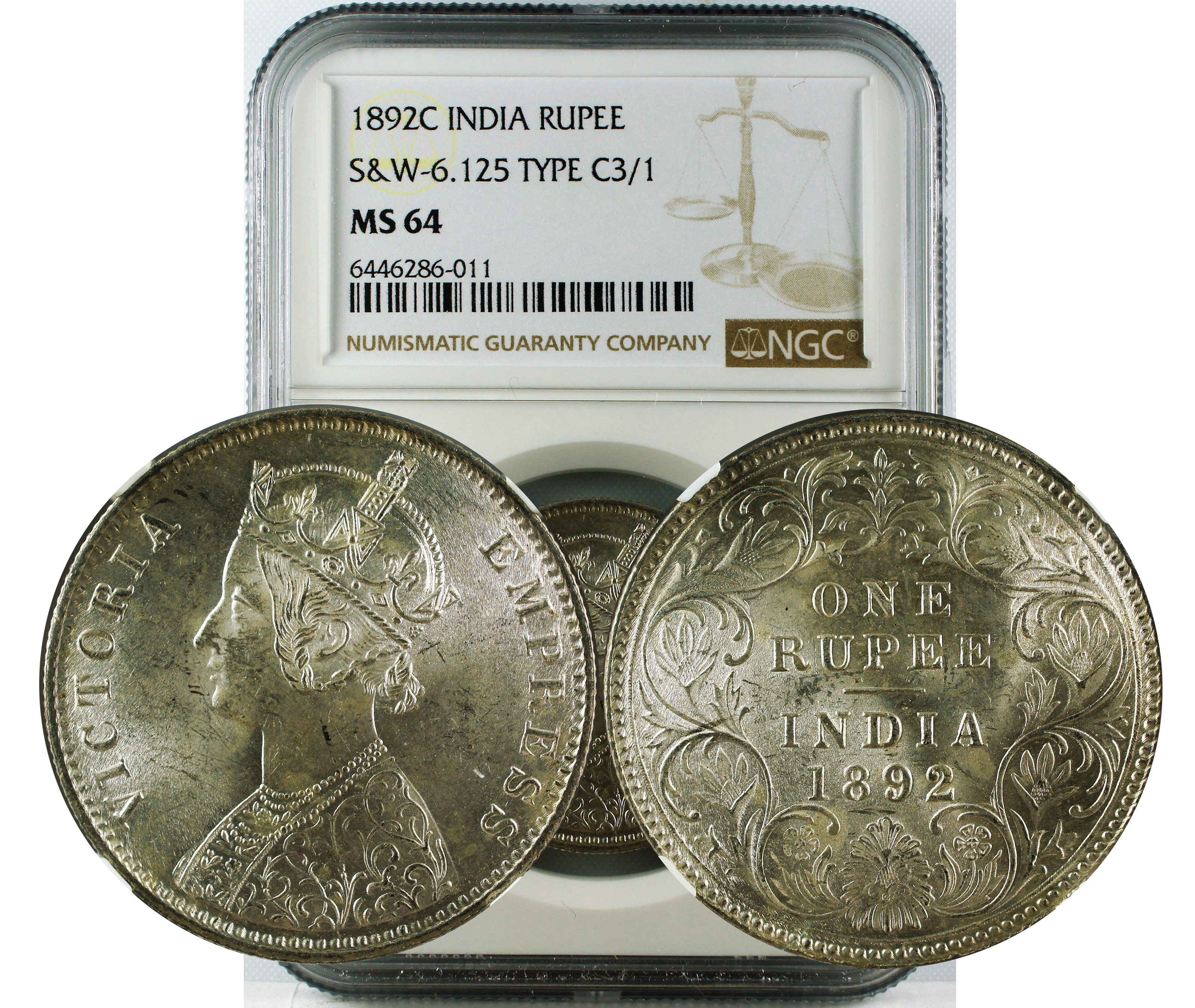 1892 C INDIA RUPEE S&W 6.125 TYPE C3/1 MS64