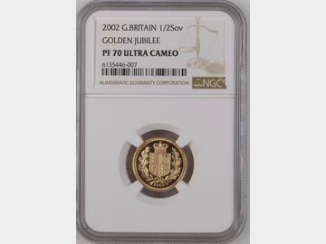 2002 ELIZABETH II PROOF GOLD HALF SOVEREIGN PF70 UCAM