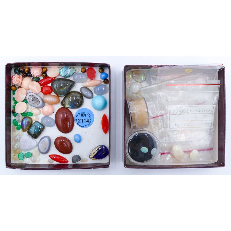 2 Boxes Opal and Coral Cabochons etc.