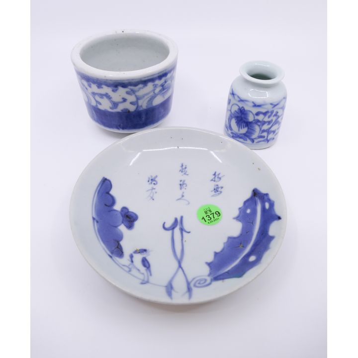 3pc Antique Chinese B&W Porcelain- Bleu De Hue Dish Etc- 6'' largest