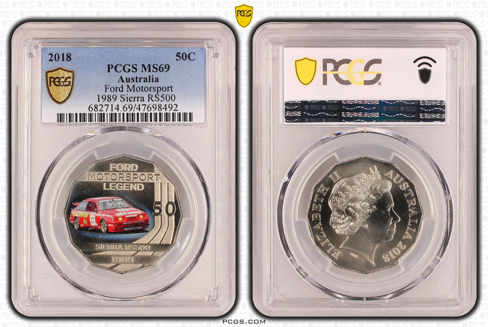 Elizabeth II, Ford Motorsport - 1989 Sierra RS500, Fifty Cent, 2018, PCGS MS69