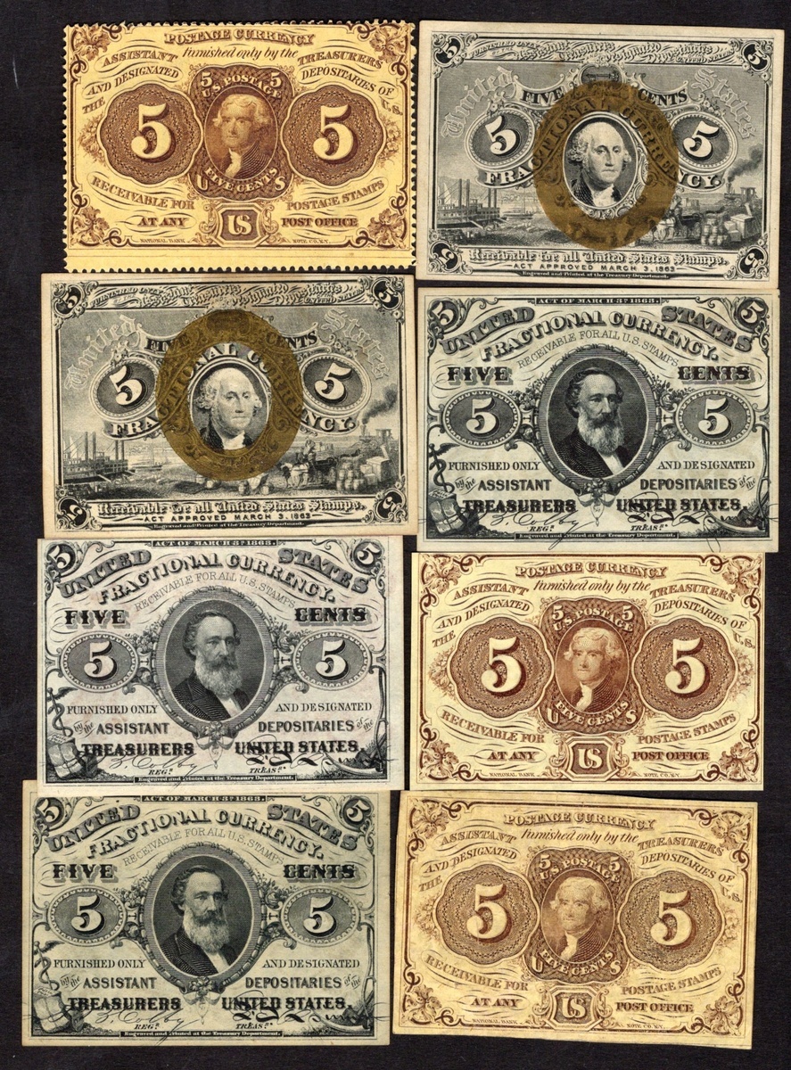 Lot of 5 Cents Notes. Fractional Currency. First issue. Fr. 1228, 1229 ...