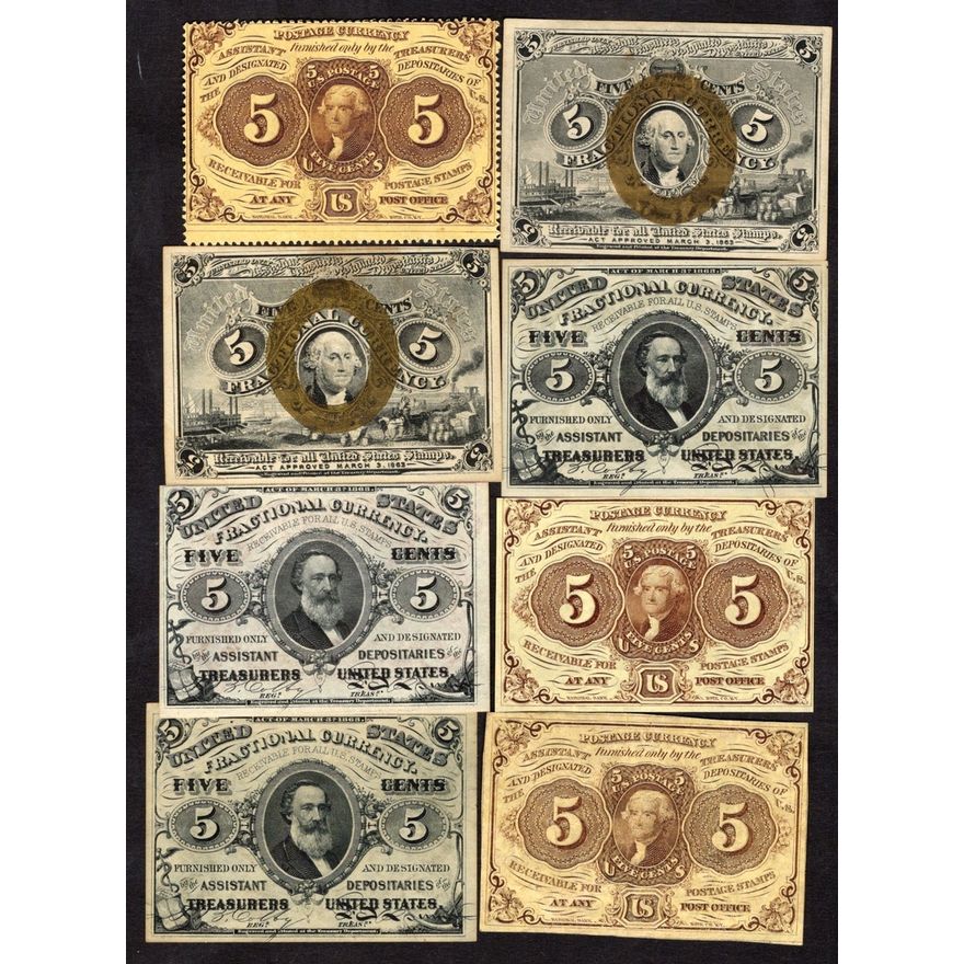 Lot of 5 Cents Notes. Fractional Currency. First issue. Fr. 1228, 1229 ...