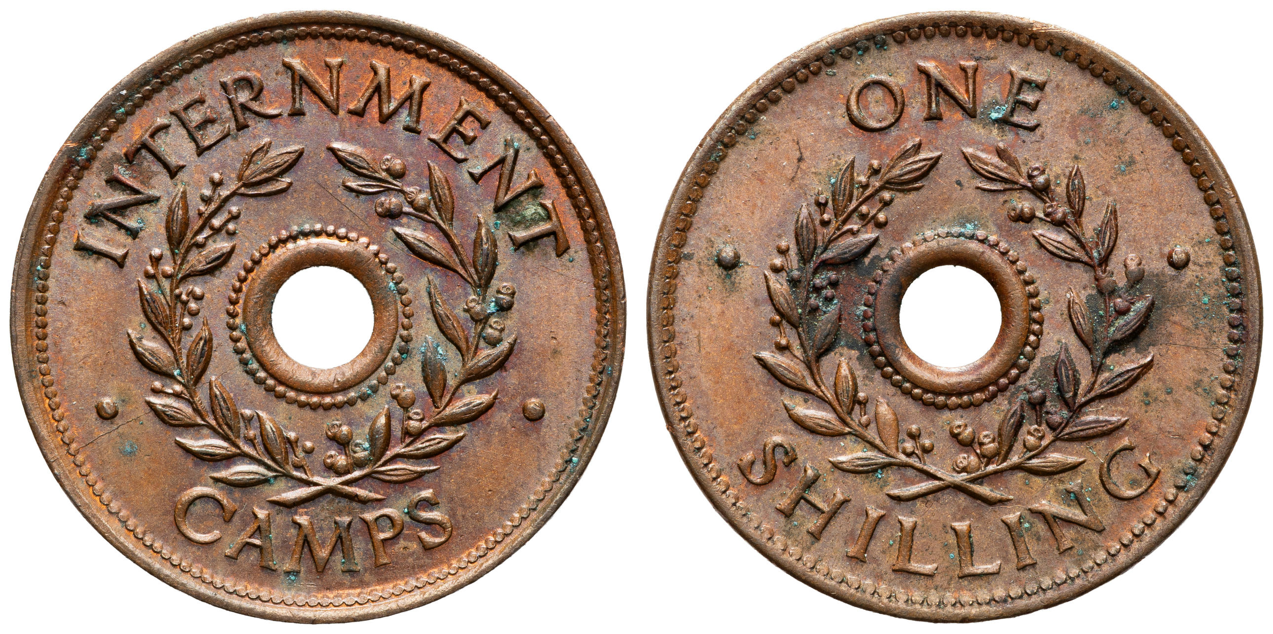 150 · Department of Army Internment Camp Currency Token, One Shilling, WWII, aUNC