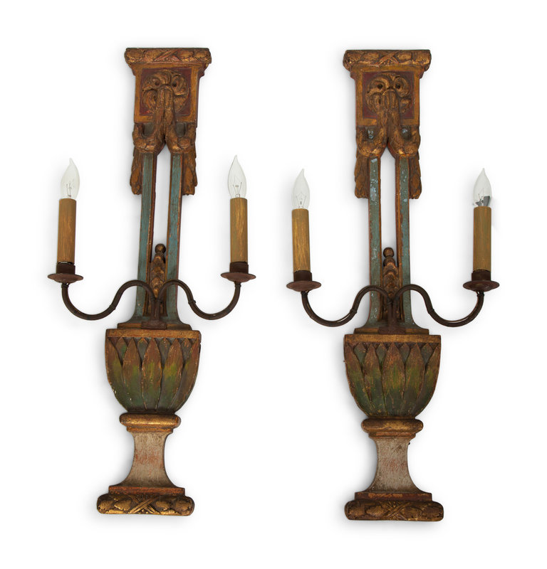 A Pair of Italian Painted and Parcel Gilt Sconces
Height 26 3/4 x width 11 x depth 4 1/2 inches.