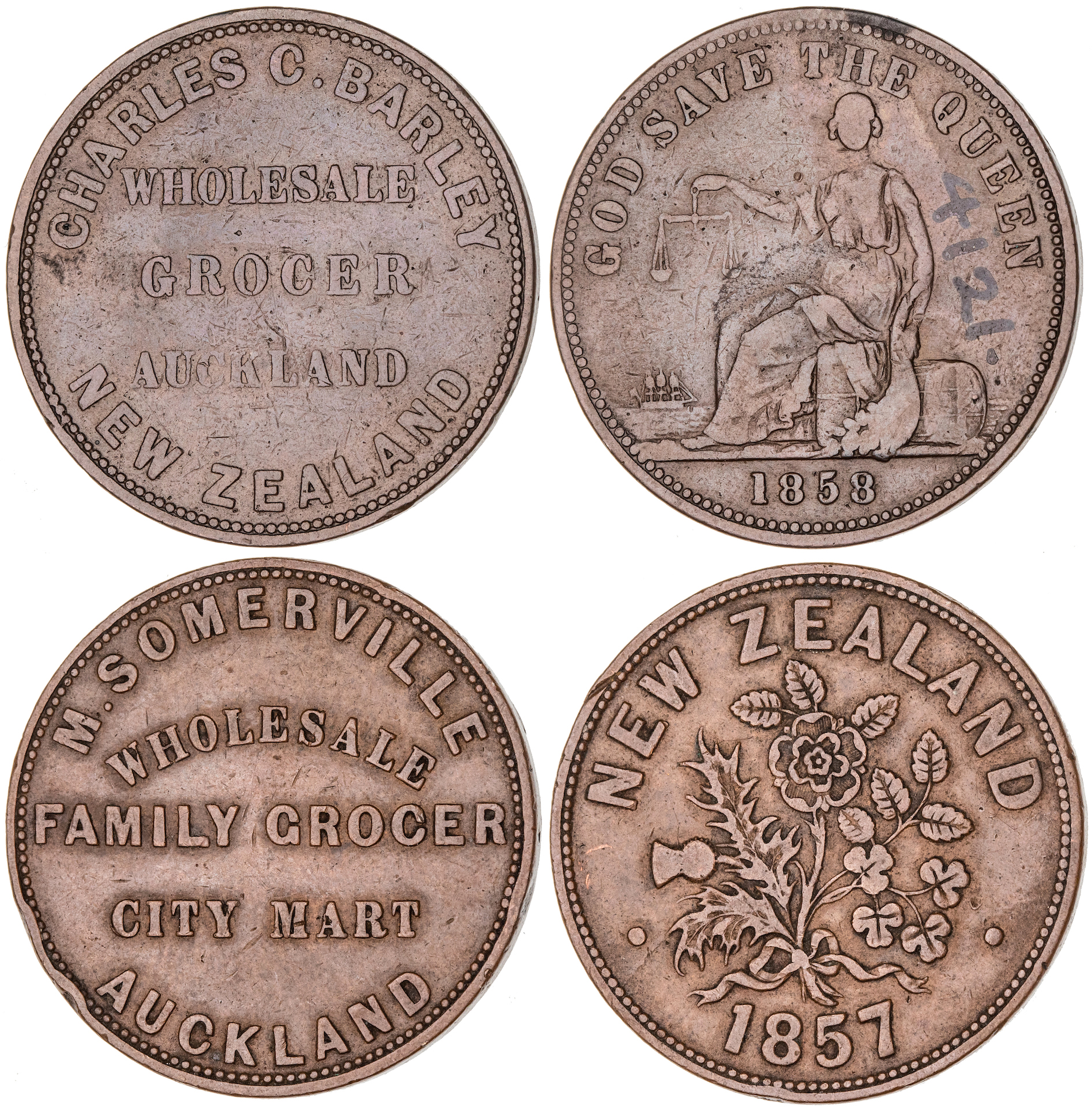Auckland, New Zealand, Charles Barley, Penny, 1858, aFine