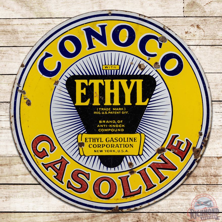 Conoco Ethyl Gasoline 26" Double Sided Porcelain Sign w/ Logo