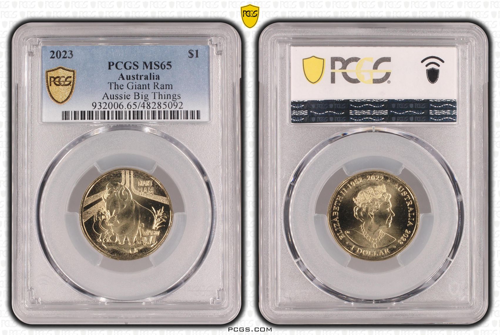 308 · The Giant Ram Aussie Big Things , One Dollar, 2023, PCGS MS65