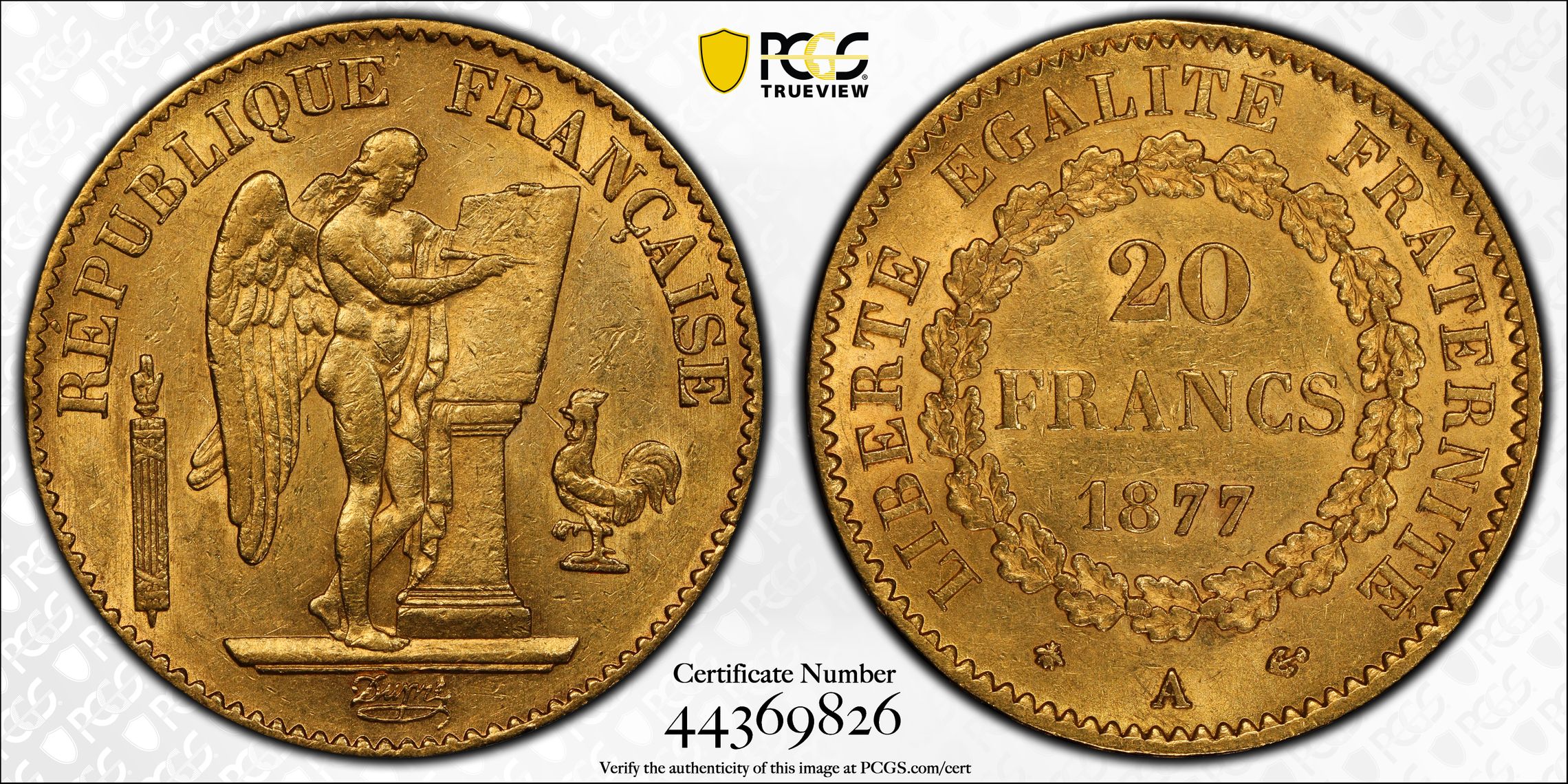 France, Twenty Francs, 1877-A, PCGS AU58