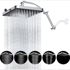 HIBBENT RAIN SHOWER HEAD, 13' HIGH PRESSURE RAINFALL SQUARE 5 SPRAY MODE SHOWERHEAD WITH 16" SHOWER HEAD EXTENSION ARM, SOLID BRAS