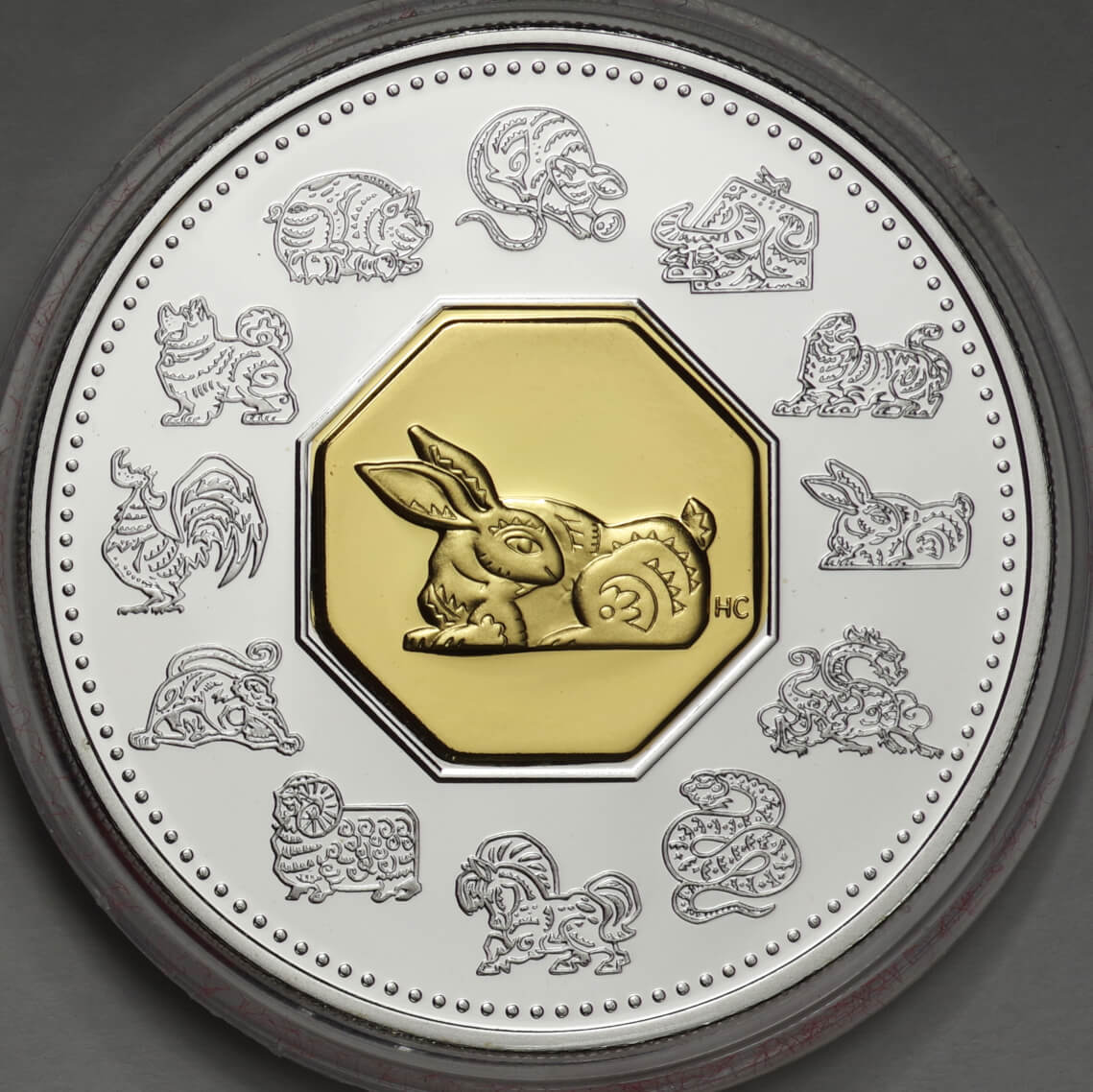 カナダ-Canada. 十二支干支動物 卯年兎図 15ドル銀貨 金メッキ付 1999